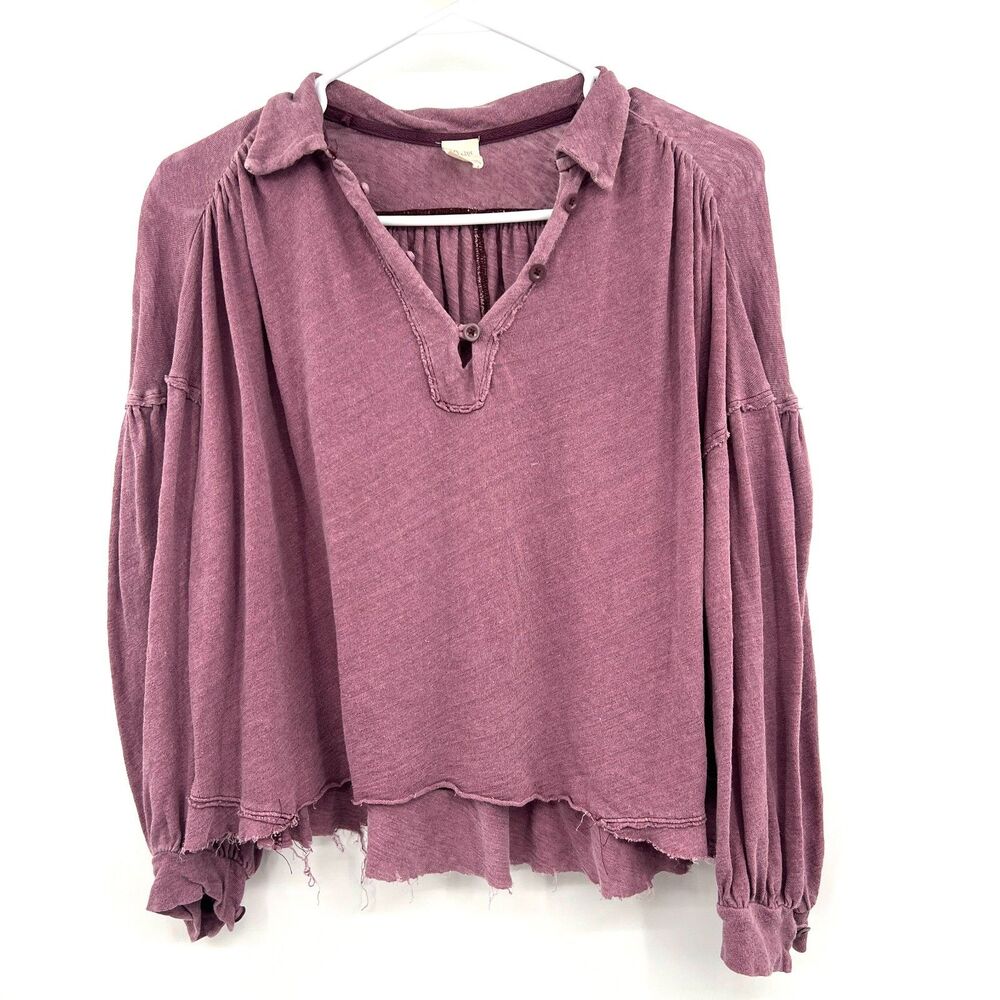 We The Free People Linen Cotton Henley Top S Purple Raw Hem Boho Peasant Blouse